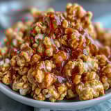 Baseball season popcorn mix with peanuts and caramel in a large bowl, showing golden caramel-coated popcorn clusters with crunchy roasted peanuts scattered throughout.