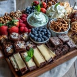 Grad party dessert board with mini treats and cake slices, a colorful array of brownies, fruit tarts, and berries perfect for celebrations.