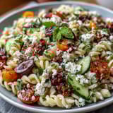 Vibrant Greek-style pasta salad bursting with olives, bell peppers, and tangy red wine dressing for a refreshing meal.