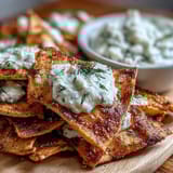 Golden-baked pita triangles served with cool, herb-infused tzatziki, a delightful vegetarian appetizer.