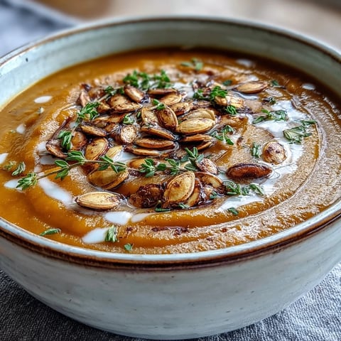 Steaming bowl of Easy Roasted Butternut Squash Soup garnished with cream swirls, pumpkin seeds, and fresh thyme. 