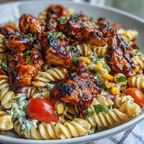Garnished with fresh chives, this Honey BBQ Chicken Pasta Salad showcases glossy pasta and tender chicken in a creamy smoky dressing.