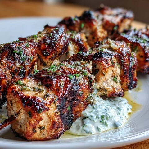 Light lemon herb chicken skewers with tzatziki, grilled to golden perfection and served with a creamy, garlicky yogurt dip.