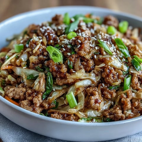 A savory keto egg roll in a bowl with ground turkey, crisp cabbage, and sesame oil in a sizzling skillet.