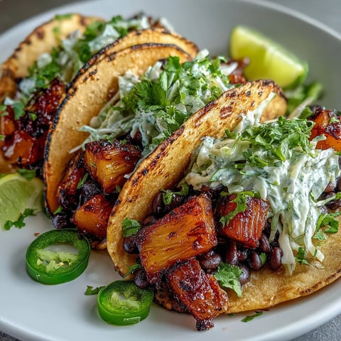 Colorful vegan tacos filled with juicy pineapple, black beans, and smoky spices, topped with creamy coconut lime slaw and fresh cilantro.  