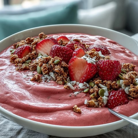 Vibrant strawberry protein smoothie bowl topped with fresh berries, crunchy granola, and coconut for a nutritious breakfast.