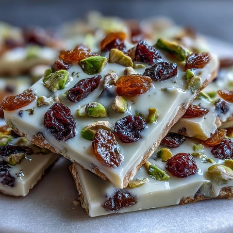 White chocolate bark studded with vibrant pistachios and chewy dried cranberries for a festive treat.