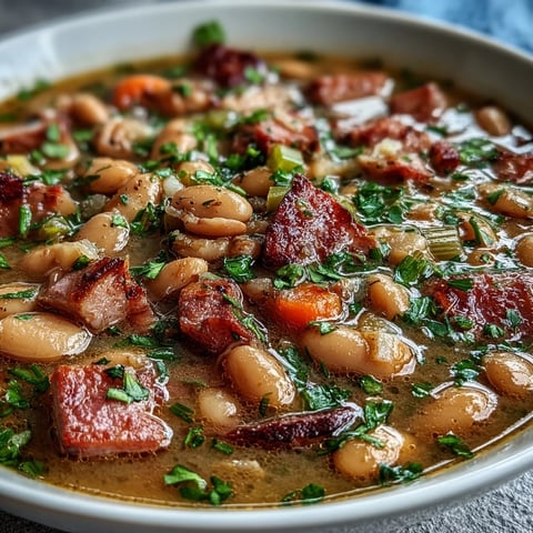 Hearty ham and butter bean soup with tender legumes and fresh herbs, served in a rustic bowl.  