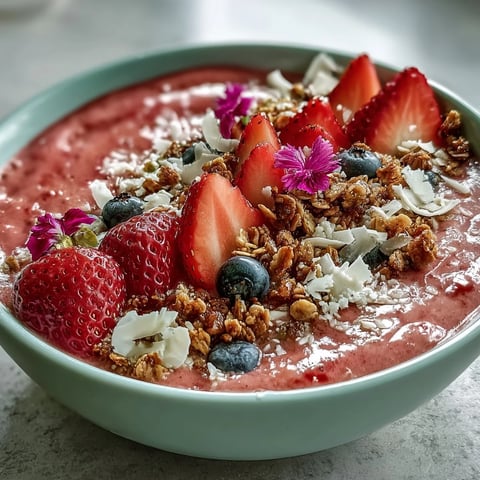 A vibrant strawberry smoothie bowl topped with crunchy granola, fresh berries, and coconut flakes for a festive Galentine's brunch.