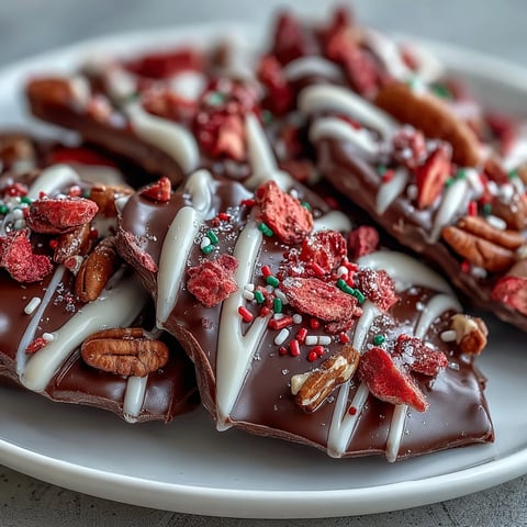 A decadent dark and white chocolate bark with freeze-dried strawberries and festive Valentine sprinkles, perfect for sharing with loved ones.