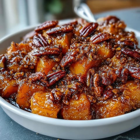 Candied yams casserole with pecan streusel topping in a glass baking dish, golden brown topping over tender, syrup-glazed sweet potatoes.