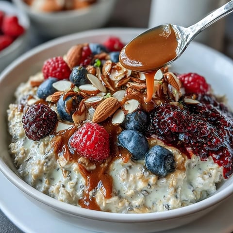 A creamy jar of overnight oats topped with vibrant mixed berries and a swirl of almond butter, perfect for a wholesome breakfast.