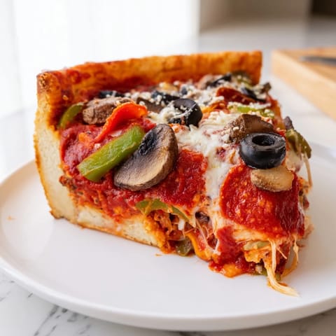 Golden-crusted deep dish pizza loaded with pepperoni and a rich tomato sauce.