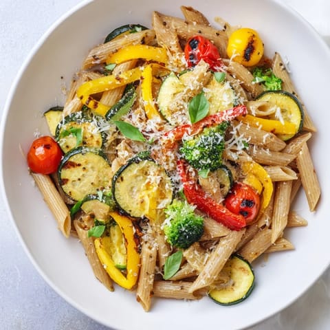 Vibrant pasta primavera with zucchini, bell peppers, and broccoli in a light olive oil sauce, finished with herbs and cheese.