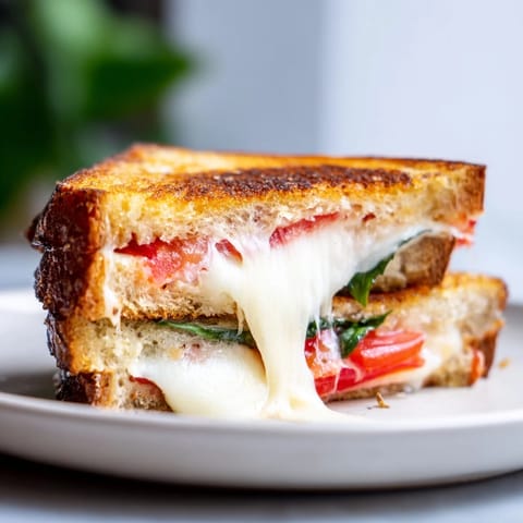 Gooey Tomato Basil Grilled Cheese on a wooden cutting board, paired with a warm bowl of tomato soup.
