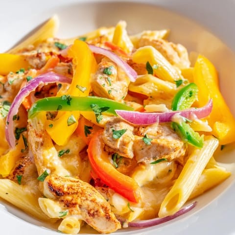 Hearty Fajita Chicken Pasta Skillet served hot, featuring tender spiced chicken, colorful peppers, and creamy cheesy pasta in a sizzling skillet.