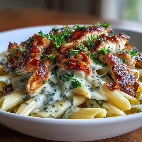 Tender chicken and penne pasta coated in rich roasted garlic cream sauce, garnished.