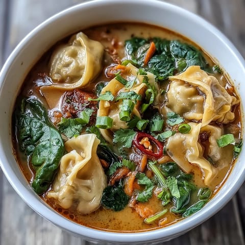 Spicy Red Curry Wonton Soup garnished with fresh cilantro and scallions, served hot with lime wedges for a bright finish.  