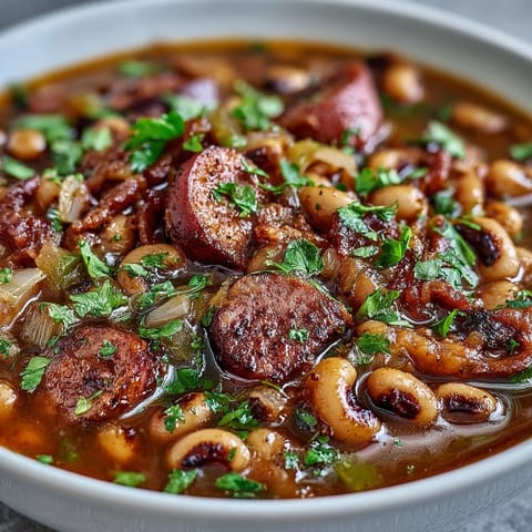 Spicy Southern-Style Black-Eyed Peas served hot in a rustic bowl, garnished with fresh parsley and a side of cornbread.  