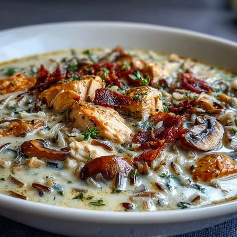Hearty Parmesan Mushroom Chicken and Wild Rice Soup served with a crusty bread slice and extra Parmesan.