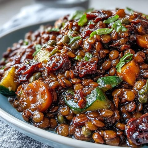 A steaming skillet of Cuban-Inspired Lentil Picadillo features lentils, olives, and raisins served with fluffy white rice.  