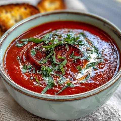 A steaming bowl of golden Roasted Tomato Basil Soup garnished with fresh basil leaves and a drizzle of rich cream.