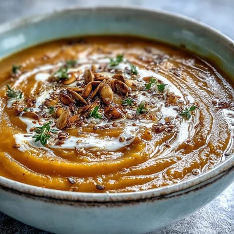 Velvety, bright orange Butternut Squash and Apple Soup steams in a rustic ceramic bowl, topped with fresh thyme sprigs.
