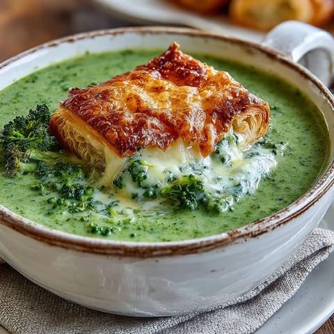 Creamy broccoli and butternut squash soup topped with a golden, flaky pastry filled with melted brie and cheddar cheese.