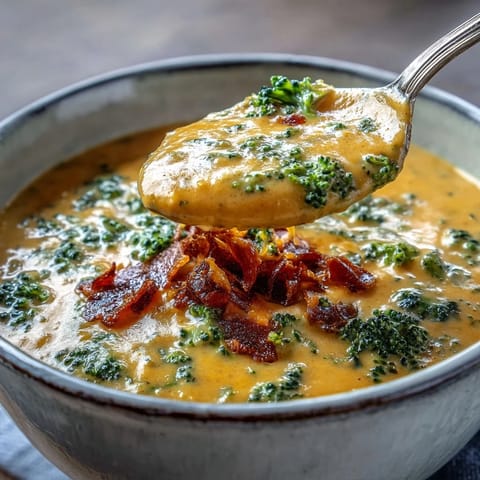 Creamy golden Butternut Squash Broccoli Cheddar Soup in a white bowl, paired with crusty bread on a cozy wooden table.