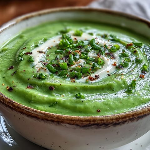 Velvety cream of broccoli soup blended smooth, featuring tender broccoli florets and a rich, aromatic broth finished with a touch of cream.