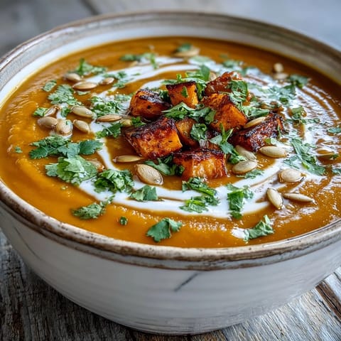Warm, velvety Butternut Squash and Lentil Soup ladle-ready, dotted with spices and a touch of olive oil.