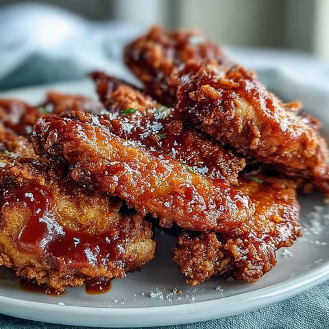 Golden-brown fried chicken wings tossed in spicy Buffalo sauce, garnished with scallions on a rustic platter.
