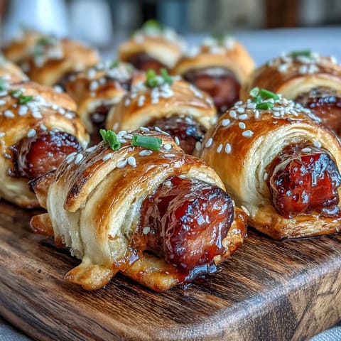 Freshly baked Pepper Jelly Hogs in a Blanket with flaky puff pastry and a sweet spicy glaze on a baking sheet.