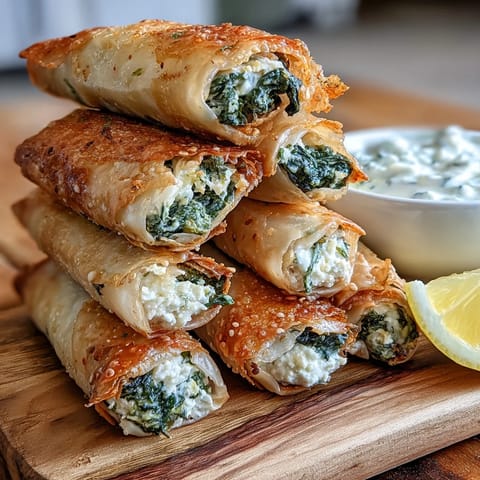 Golden fried Spanakopita Spring rolls are stacked on a wooden board, steam rising from the flaky, crispy wrappers.