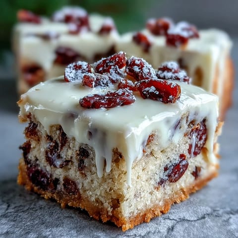 Frosted Cranberry Bliss Bars topped with dried cranberries and white chocolate, cut into neat squares for easy serving at parties.  