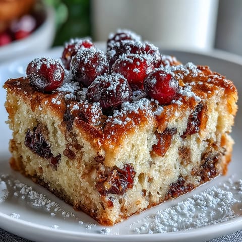 A slice of Cranberry Orange Breakfast Cake reveals tender crumb, vibrant orange zest flecks, and juicy cranberries on a white plate.
