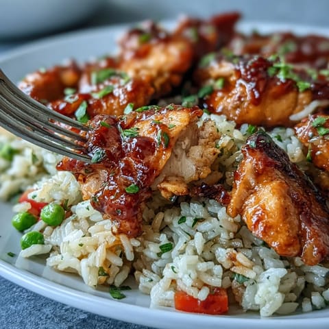 Savory One-Pan Bold Honey BBQ Chicken Rice features tender glazed chicken thigh chunks mixed with colorful peas and carrots for a hearty family meal.