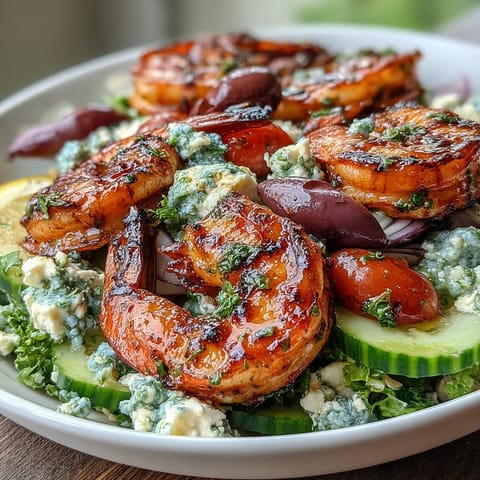 A vibrant Greek Shrimp Bowl featuring plump grilled shrimp, briny olives, and crumbled feta over fresh greens.