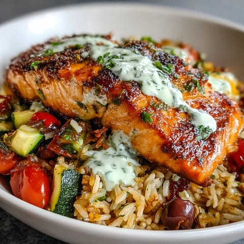 A close-up of a Crispy Rice Salmon Bowl shows flaky fish, roasted vegetables, and a creamy dill sauce over crunchy rice.  