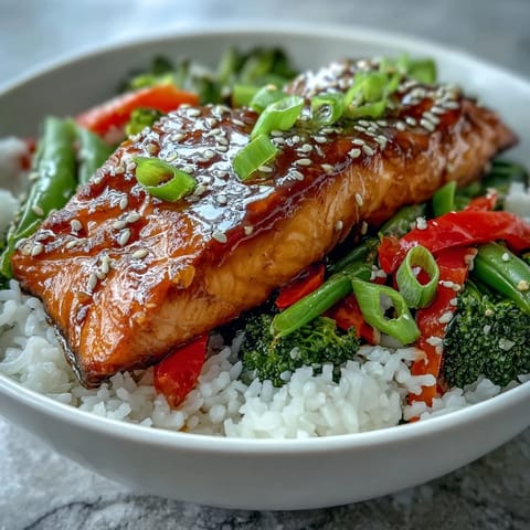 Teriyaki salmon bowl with tender fillet glistening, fluffy rice, and colorful broccoli and bell peppers ready to enjoy.