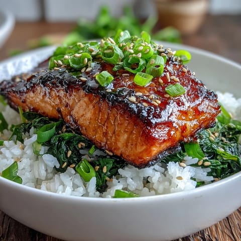 Succulent miso glazed salmon bowl with caramelized edges, fluffy jasmine rice, and vibrant sautéed ginger spinach.