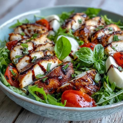 Juicy grilled chicken slices and creamy mozzarella balls sit atop fresh mixed greens in a vibrant Caprese Chicken Bowl.