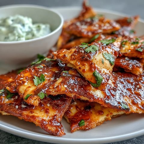 Freshly baked Spicy Chili Crisp Garlic Naan Chips arranged with vibrant Asian cucumber dip and garnished with herbs.  