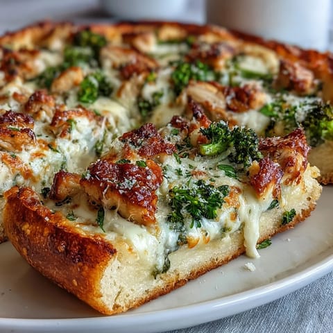 A close-up of Garlic Parmesan Chicken & Broccoli Pizza with melted mozzarella and golden-brown edges.