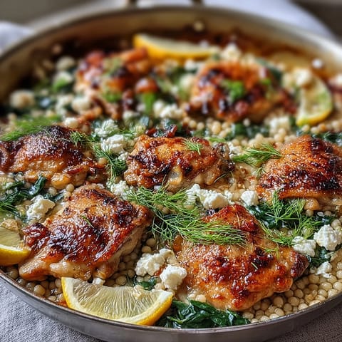 This Creamy Greek Chicken & Pearl Couscous Bake is a golden one-pan dinner.