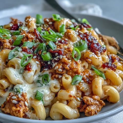 A close-up of Korean-Style Turkey Mac & Cheese reveals golden, bubbly cheese sauce and savory ground turkey crumbles. 