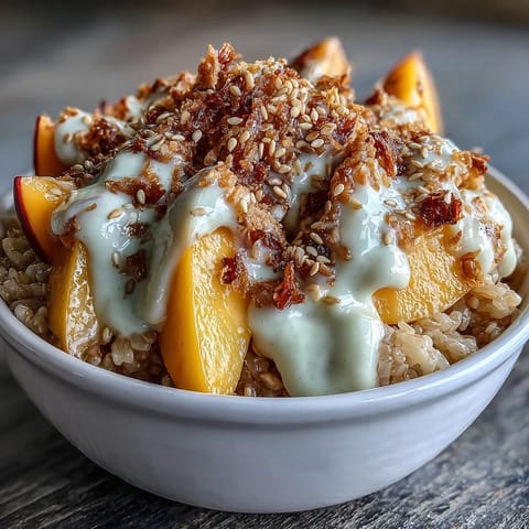 Tropical coconut sticky rice breakfast bowl featuring sweet mango slices and rich coconut cream, garnished with toasted sesame seeds and mint.  
