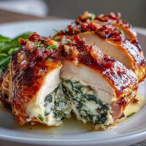 Keto Spinach and Bacon Stuffed Chicken Breasts with Garlic Butter, baked golden and juicy, served on a white plate with a side of roasted asparagus.  