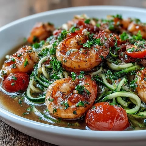 Quick shrimp and zucchini noodle dish in zesty lemon-garlic broth, perfect for a healthy weeknight meal.