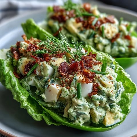 Keto Avocado Egg Salad Lettuce Boats with Everything Bagel Crunch: creamy avocado and egg salad nestled in crisp lettuce leaves, topped with savory everything bagel seasoning for a fresh low-carb meal.